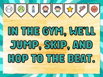 IN THE GYM, WE'LL JUMP, SKIP, AND HOP TO THE BEAT. Gym Bulletin Board Decor K