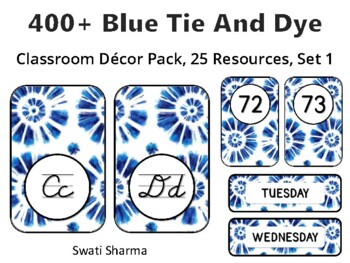 400+ Blue Tie And Dye Classroom Décor Pack #410, 25 Resources, Set 1, Printable