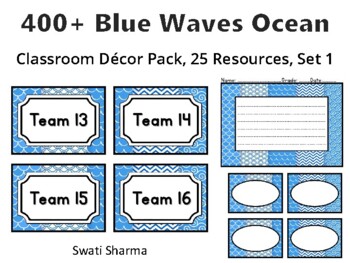 400+ Blue Waves Ocean Classroom Décor Pack #390, 25 Resources, Set 1Sheet Siz