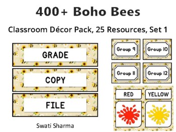 400+ Boho Bees Classroom Décor Pack #360, 25 Resources, Set 1Sheet Size: 8.5