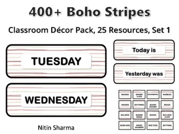 400+ Boho Stripes Classroom Décor Pack #297, 25 Resources, Set 1, Ready To Prin