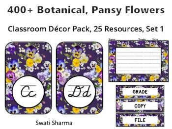 400+ Botanical Pansy Flowers Classroom Décor Pack #471, 25 Resources, Set 1