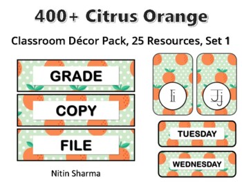 400+ Citrus Orange Classroom Décor Pack #603, 25 Resources, Set 1, Ready To Pri
