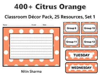 400+ Citrus Orange Classroom Décor Pack #612, 25 Resources, Set 1, Ready To Pri