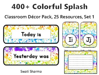 400+ Colorful Splash Classroom Décor Pack #369, 25 Resources, Set 1Sheet Size