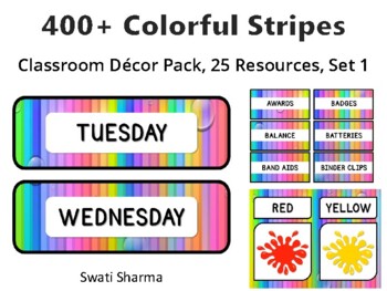 400+ Colorful Stripes Classroom Décor Pack #421, 25 Resources, Set 1, Printable