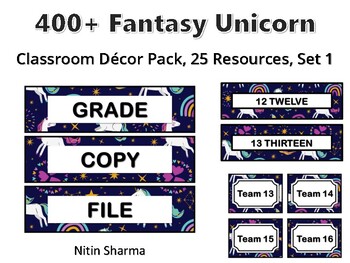 400+ Fantasy Unicorn Classroom Décor Pack #428, 25 Resources, Set 1, Ready To P