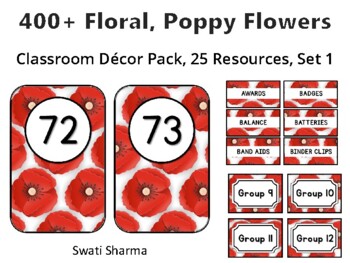 400+ Floral Poppy Flowers Classroom Décor Pack #465, 25 Resources, Set 1