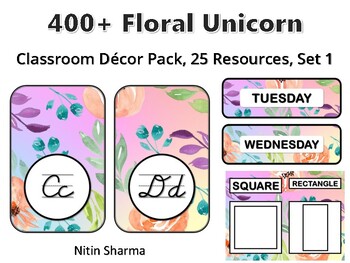 400+ Floral Unicorn Classroom Décor Pack #431, 25 Resources, Set 1, Ready To Pr