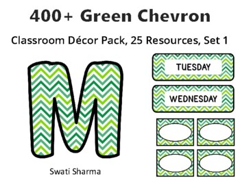 400+ Green Chevron Classroom Décor Pack #581, 25 Resources, Set 1, Printables