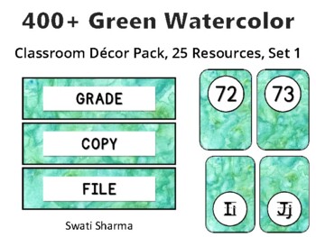 400+ Green Watercolor Classroom Décor Pack #297, 25 Resources, Set 1Sheet Siz