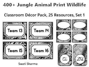 400+ Jungle Animal Print Wildlife Classroom Décor Pack #457, 25 Resources, Set