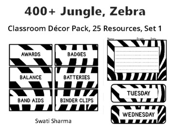 400+ Jungle Zebra Classroom Décor Pack #412, 25 Resources, Set 1, PrintablesS
