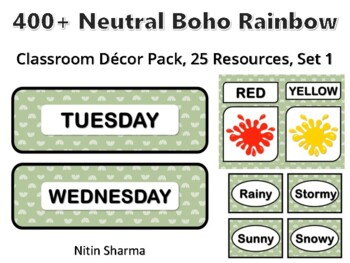400+ Neutral Boho Rainbow Classroom Décor Pack #299, 25 Resources, Set 1, Ready