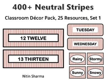 400+ Neutral Stripes Classroom Décor Pack #309, 25 Resources, Set 1, Ready To P