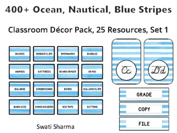 400+ Ocean Nautical Blue Stripes Classroom Décor Pack #584, 25 Resources, Set 1