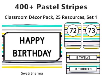 400+ Pastel Stripes Classroom Décor Pack #247, 25 Resources, Set 1