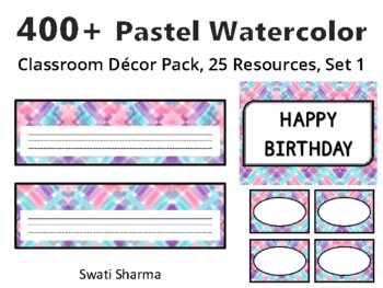 400+ Pastel Watercolor Classroom Décor Pack #256, 25 Resources, Set 1Sheet Si
