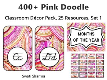 400+ Pink Doodle Classroom Décor Pack #594, 25 Resources, Set 1, Printables