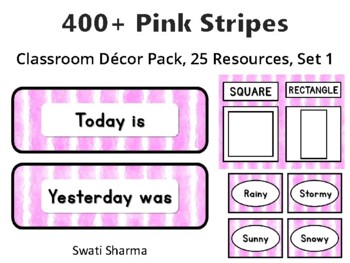400+ Pink Stripes Classroom Décor Pack #370, 25 Resources, Set 1Sheet Size: 8