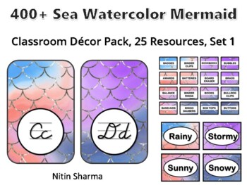 400+ Sea Watercolor Mermaid Classroom Décor Pack #591, 25 Resources, Set 1, Rea