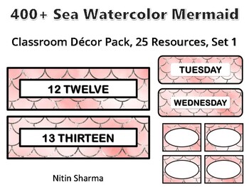 400+ Sea Watercolor Mermaid Classroom Décor Pack #594, 25 Resources, Set 1, Rea
