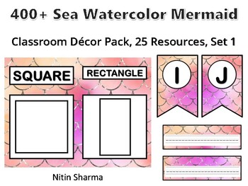 400+ Sea Watercolor Mermaid Classroom Décor Pack #599, 25 Resources, Set 1, Rea