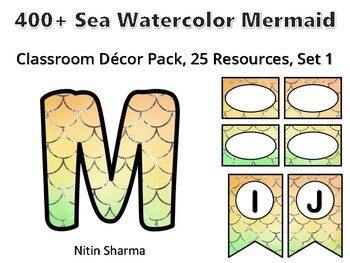 400+ Sea Watercolor Mermaid Classroom Décor Pack #600, 25 Resources, Set 1, Rea