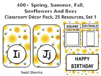 400+ Spring Summer Fall Sunflowers And Bees Classroom Décor Pack #493, 25 Resou