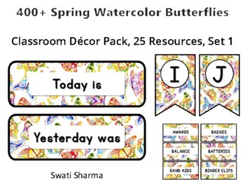 400+ Spring Watercolor Butterflies Classroom Décor Pack #464, 25 Resources, Set
