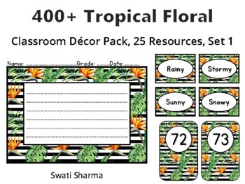 400+ Tropical Floral Classroom Décor Pack #442, 25 Resources, Set 1Sheet Size