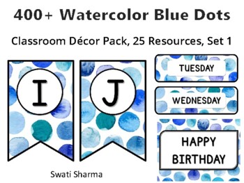 400+ Watercolor Blue Dots Classroom Décor Pack #597, 25 Resources, Set 1, Print