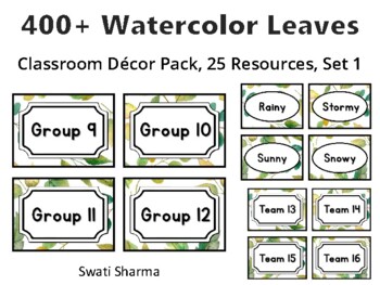 400+ Watercolor Leaves Classroom Décor Pack #587, 25 Resources, Set 1, Printabl