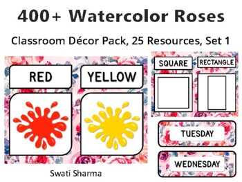 400+ Watercolor Roses Classroom Décor Pack #579, 25 Resources, Set 1, Printable