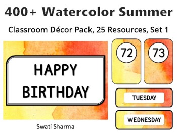 400+ Watercolor Summer Classroom Décor Pack #444, 25 Resources, Set 1Sheet Si