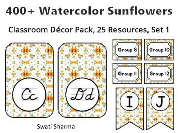 400+ Watercolor Sunflowers Classroom Décor Pack #308, 25 Resources, Set 1Shee