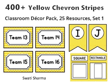 400+ Yellow Chevron Stripes Classroom Décor Pack #250, 25 Resources, Set 1