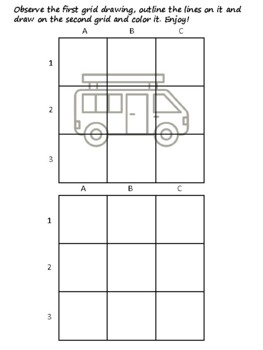 42 Camping Easy Grid Drawing Activities, Camping Art Sub Plan, Grid Art