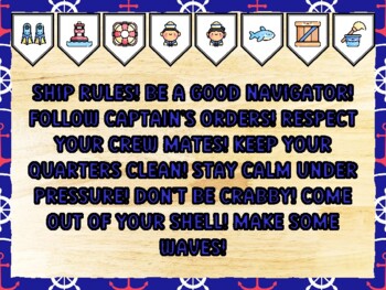 SHIP RULES! BE A GOOD NAVIGATOR! FOLLOW CAPTAIN'S ORDERS! RESPECT YOUR CREW M