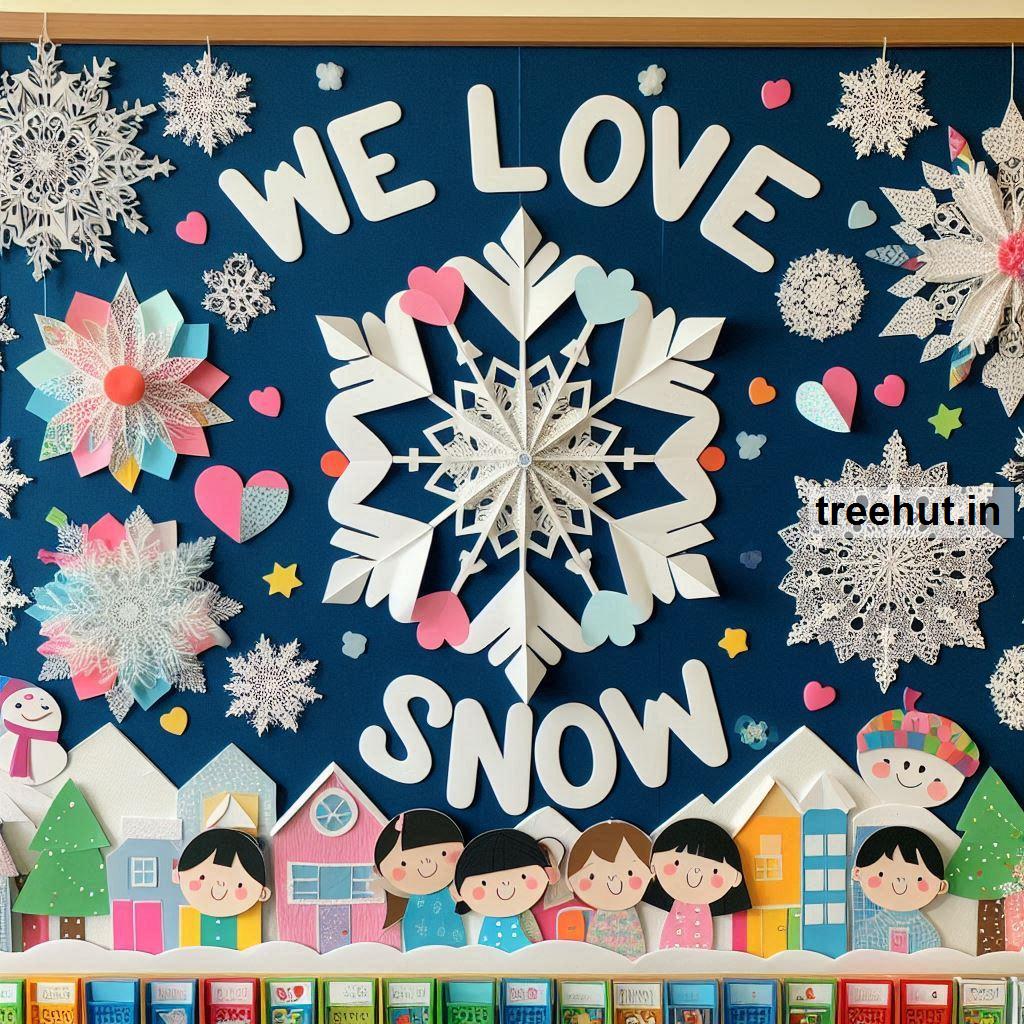 Snowflake Bulletin Board Ideas, Door Decor, Hallway Display and Classroom Games and Activities in Elementary School
