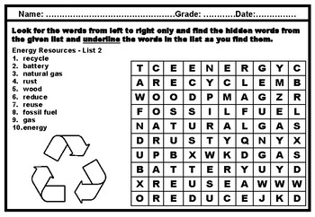 Kindergarten Energy, Science Vocabulary, Word Search Worksheets