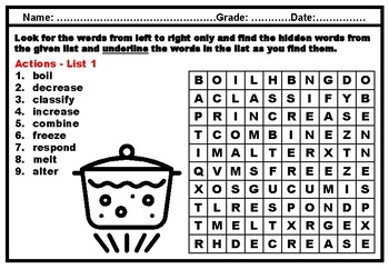 Kindergarten Science, Scientific Inquiry, Vocabulary, Word Search Worksheets