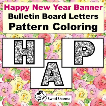 Happy New Year Bulletin Board Letters, Pattern Coloring, Classroom Display