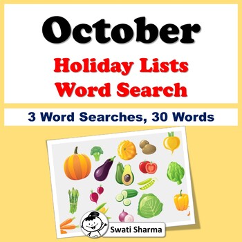 October Holiday Lists, Word Search Worksheets