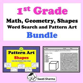 1st Grade Math, Geometry, Shapes Word Search and Pattern Art Bundle