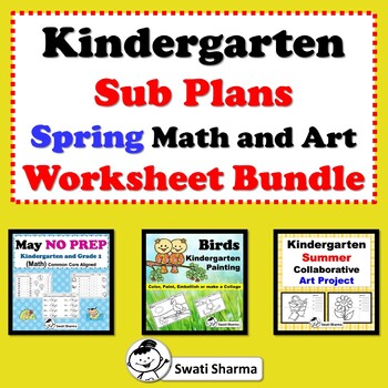 Kindergarten Sub Plans, Spring Math and Art Worksheet Bundle