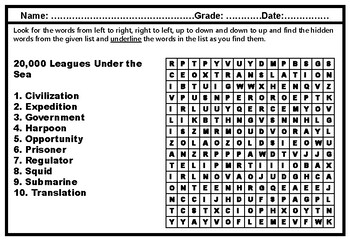 8th Grade Literature, Word Search worksheets, No Prep Sub Plan