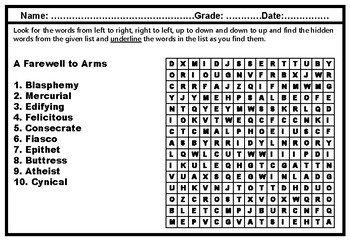 12th Grade Literature, Word Search Worksheets, No Prep Sub Plan