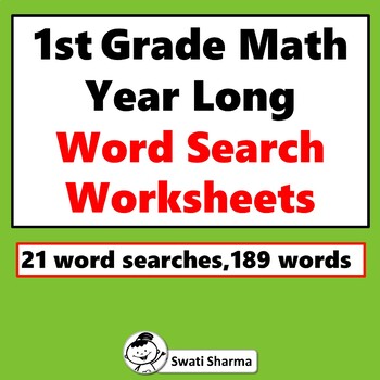 1st Grade Math Vocabulary, Word Search Puzzle, Year Long Worksheets, No Prep
