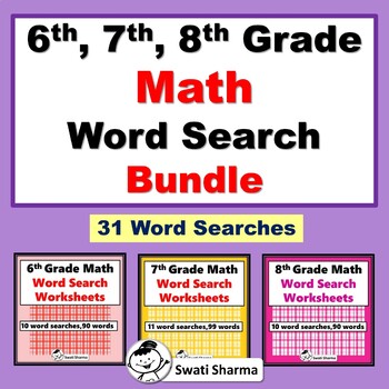 6th, 7th, 8th Grade Math Vocabulary, Year Long, Word Search Bundle